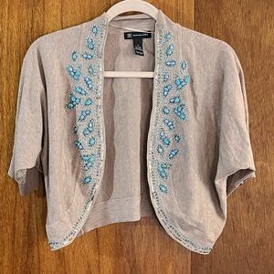 INC INTERNATIONAL CONCEPTS Short Cardigan Tan w Turquoise Beading Sz M